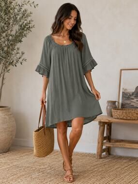Naif Green Gauze Lined Dress Ruffled Sleeve Lightweight Cottagecore Boho M